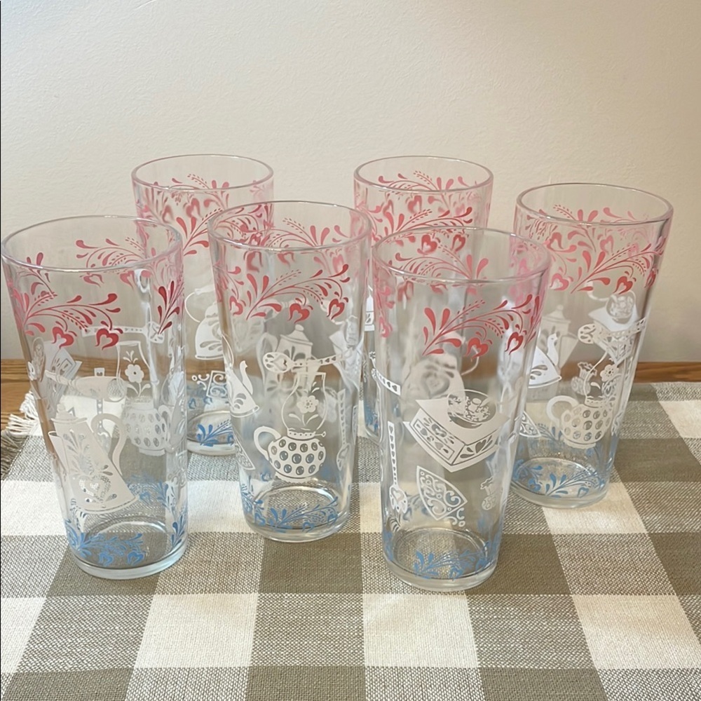 Vintage Hazel-Atlas Kitchen Aid Glass Tumbler, Set of 6, Pink-Blues-White  EC